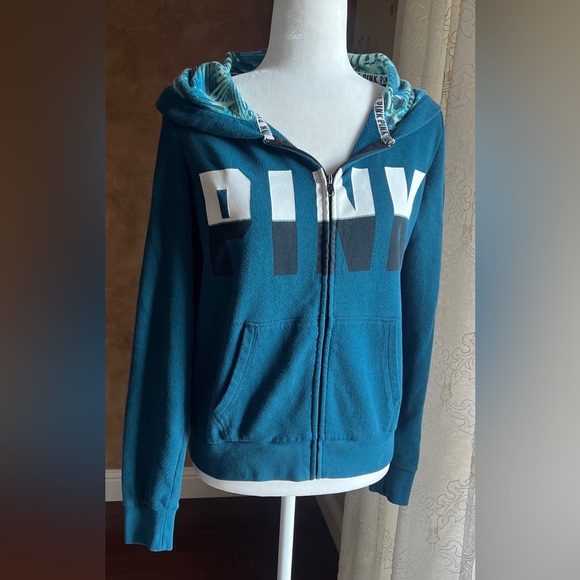 VICTORIA’S SECRET PINK Teal Perfect ZIP HOODIE Logo Tropical Palm Medium - Picture 3 of 6